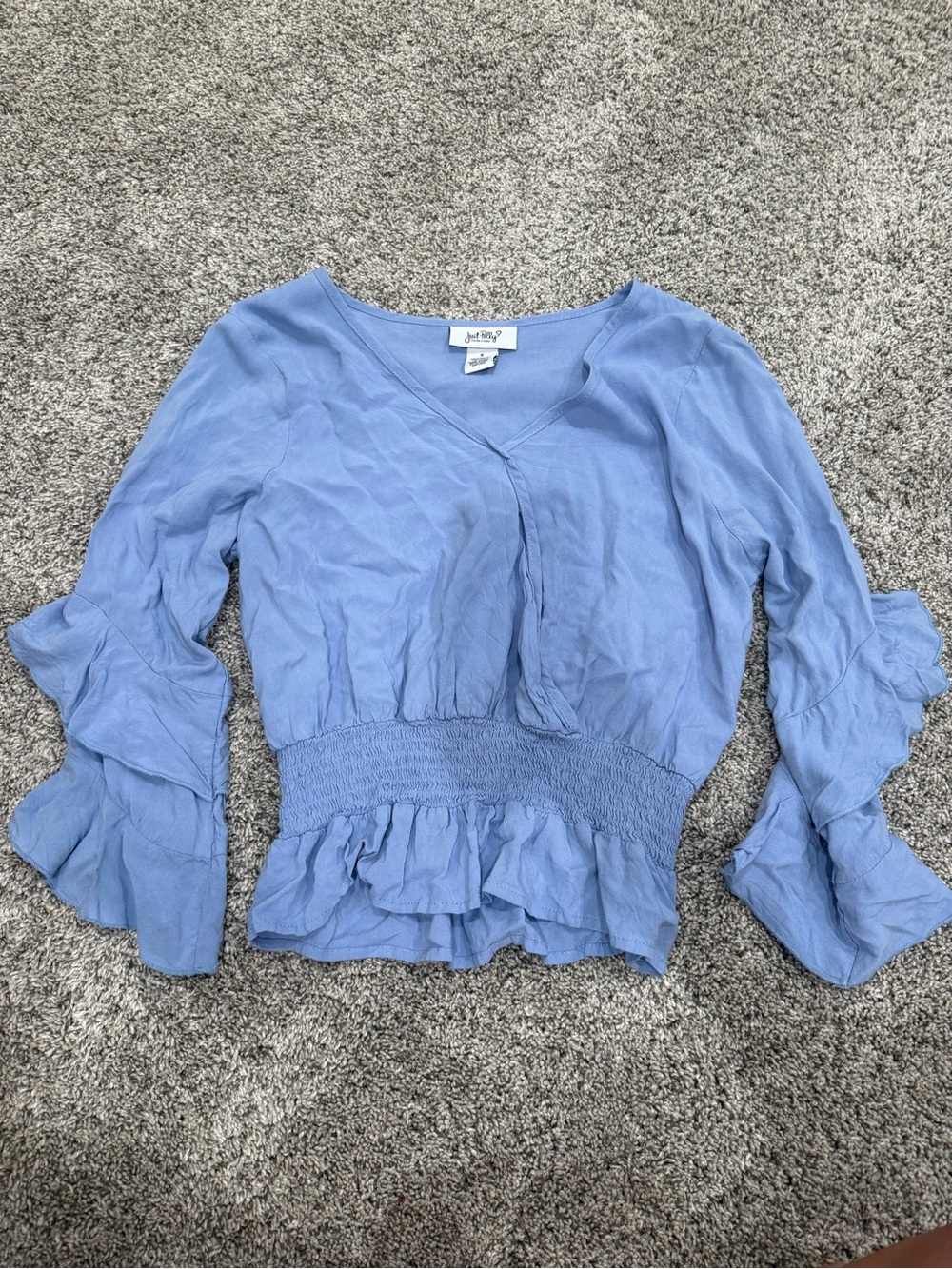 Buckle Blue Smocked Waist Ruffle Blouse